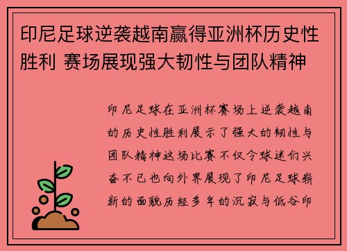 印尼足球逆袭越南赢得亚洲杯历史性胜利 赛场展现强大韧性与团队精神 印尼足球逆袭越南赢得亚洲杯历史性胜利 赛场展现强大韧性与团队精神
